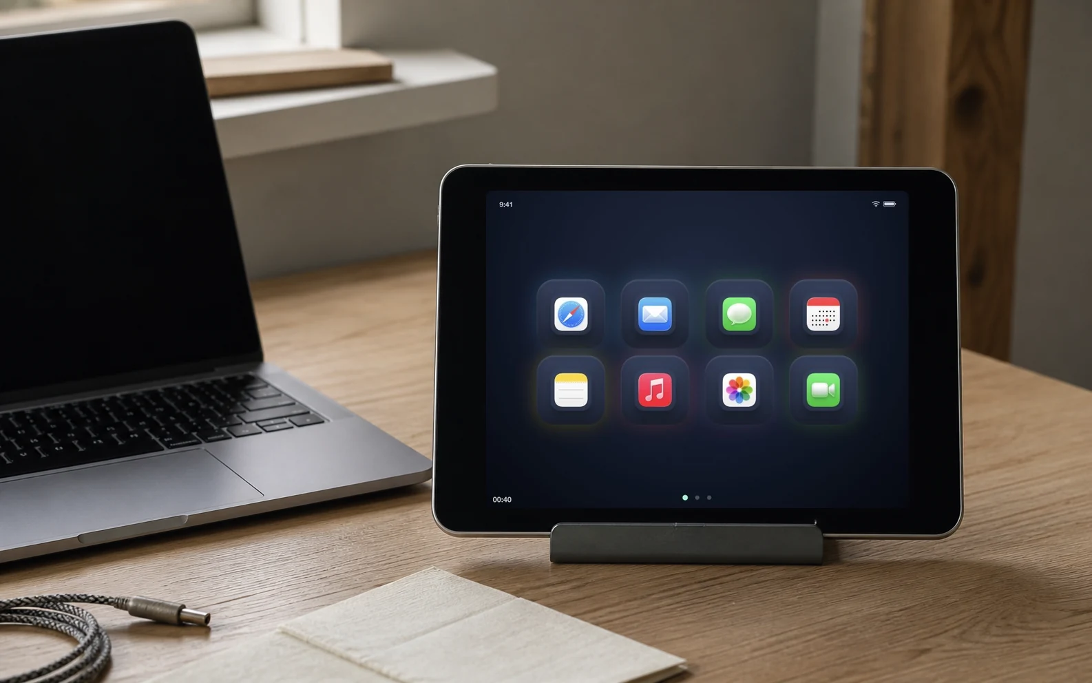 An older iPad mini running DeckPad beside a MacBook on a wooden desk