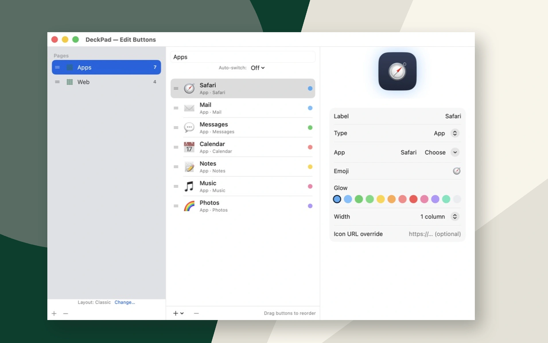 DeckPad's Mac editor showing pages, app actions, icons, and glow controls