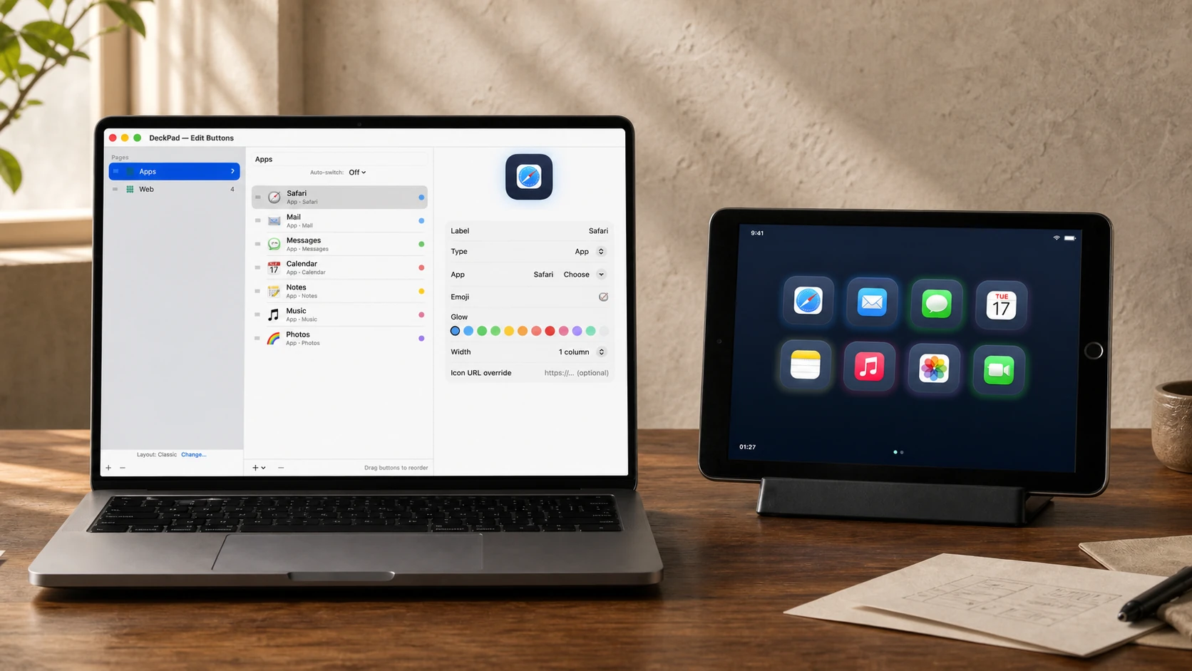 A MacBook running the DeckPad editor beside an older iPad showing the matching button deck