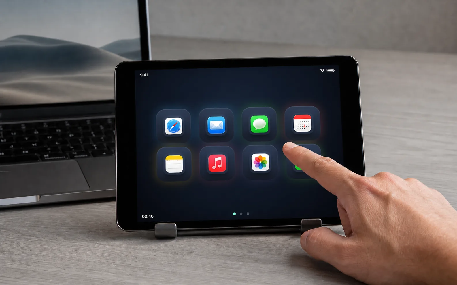 A hand tapping DeckPad on an older iPad beside a MacBook
