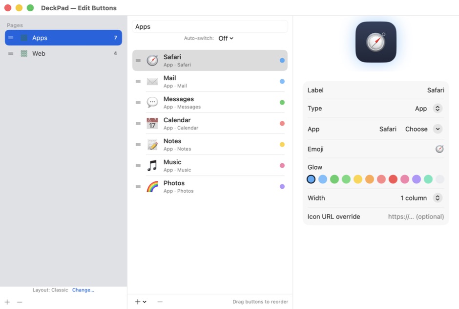 DeckPad's Mac button editor with Apps and Web pages